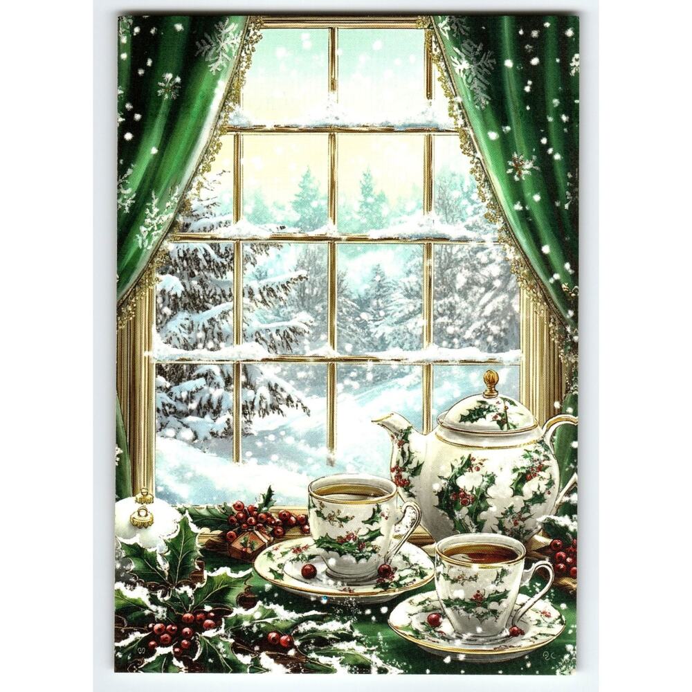 Vintage Christmas Tea Set Snowy Window Lithograph Postcard 5.5x4"